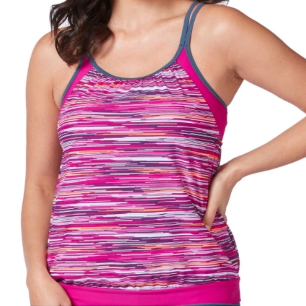 Free Country Striped Tankini Swimsuit Top in Hot Pink and Slate Large )12/14). - Picture 16 of 16